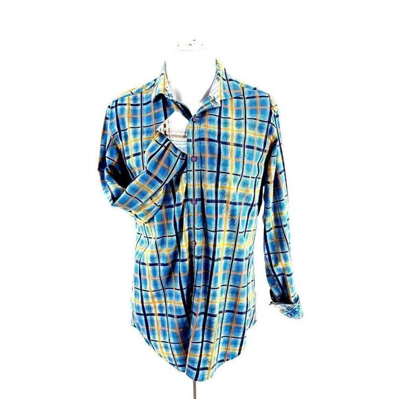 Thomas Dean Small Blue Yellow Windowpane Flip‎ Cuff Button Front Dress Shirt - Picture 1 of 9